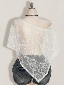 SHEIN ICON Women's Plus Size Asymmetrical Shoulder Batwing Sleeve Loose Lace Cover Up Top - White - View 3