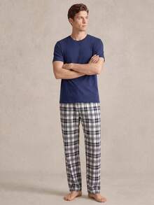 EverLounge Men's Solid Color Crew Neck Short Sleeve Minimalist T-Shirt And Plaid Long Pants Loungewear Set - Royal Blue - View 4