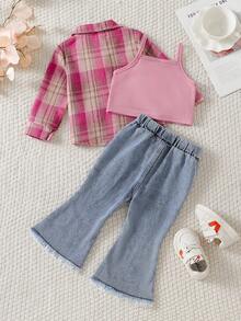 SHEIN Playful Pals 女嬰3件套，格紋長袖襯衫薄外套 + 短版抹胸上衣 + 喇叭牛仔褲，適合日常穿著、通勤、戶外活動，休閒時尚春/秋季 - 粉色 - 查看 2