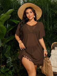 Swim Vcay Gaun Penutup Transparan Minimalis Serbaguna untuk Liburan Wanita Ukuran Plus dengan Rumbai dan Hiasan Patchwork di Bagian Bawah - Coffee Brown - View 1