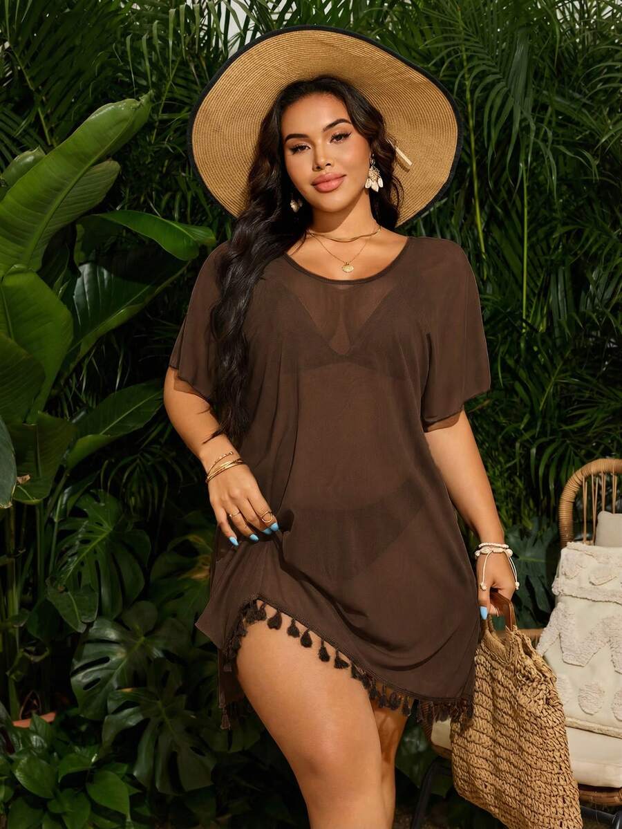 Swim Vcay Gaun Penutup Transparan Minimalis Serbaguna untuk Liburan Wanita Ukuran Plus dengan Rumbai dan Hiasan Patchwork di Bagian Bawah - Coffee Brown - View 1