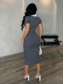 SHEIN SXY 海軍藍與白色女款夏季休閒熱帶性感簡約時尚通勤風短袖條紋POLO襯衫洋裝，針織修身中長裙 - 藏蓝色 - 查看 4