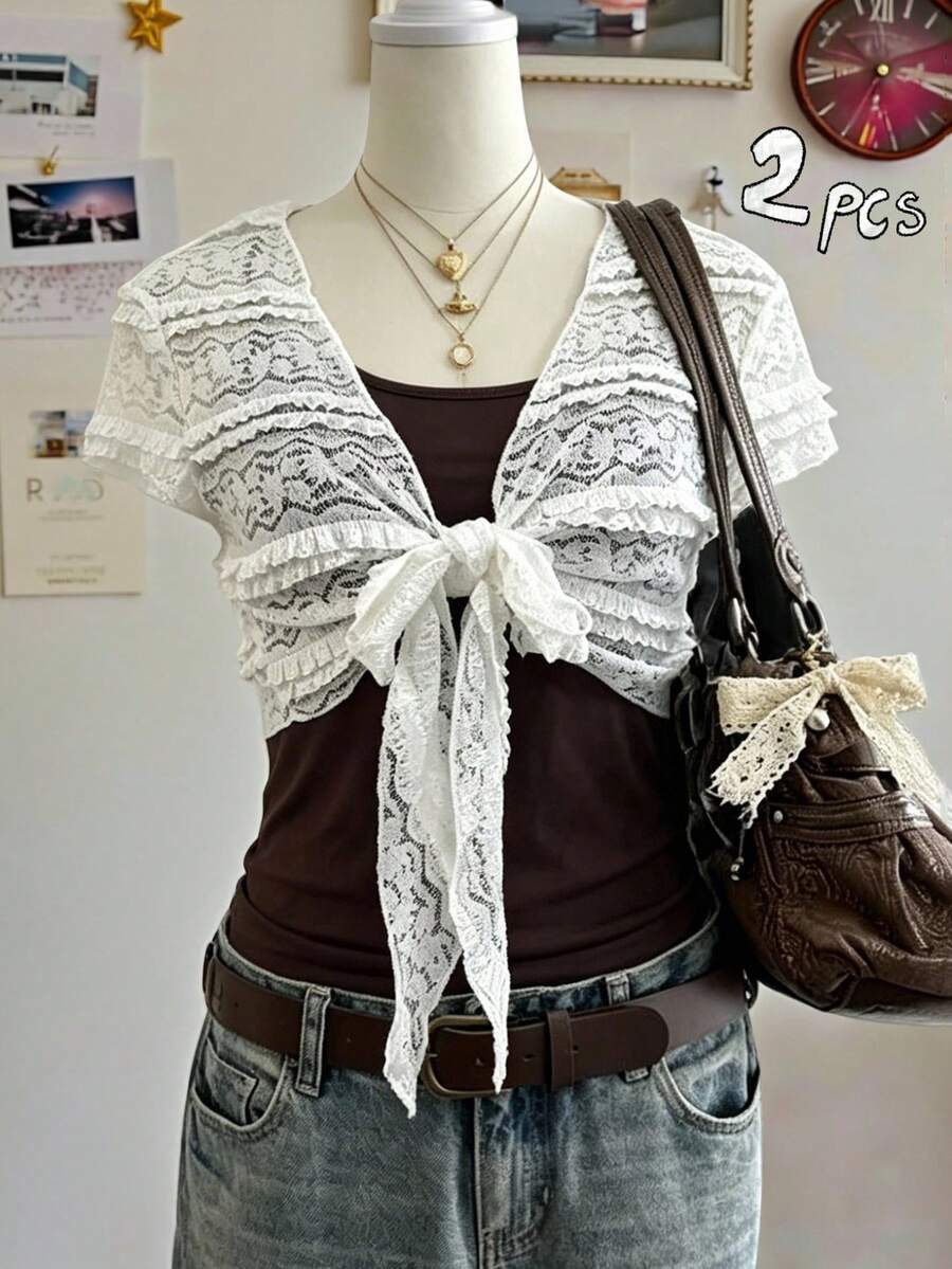 INAWLY French Vintage Lace Tie-Up Short Cover-Up And Slimming Camisole Set - Multicolor - View 1