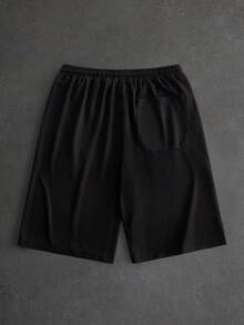 ROMWE MEN Street Life 男士口號印花短袖圓領T恤與抽繩腰短褲休閒套裝 - 黑與白 - 查看 7