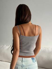 DAZY Women's Summer Casual Striped Patchwork 2 In 1 Camisole Tank Top - Coffee Brown - View 2