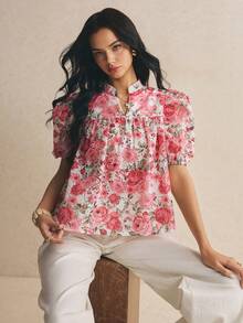 Poéselle Women's Elegant Floral All-Over Print Petal Sleeve Blouse For Summer - Red - View 5