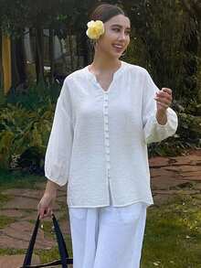 DAZY Solid Color Loose Long Sleeve Round Neck Women's Blouse - White - View 4