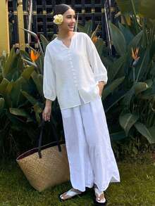 DAZY Solid Color Loose Long Sleeve Round Neck Women's Blouse - White - View 5