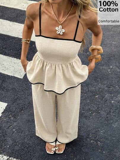 Siren Gaze Luxury Elegant Cotton Set Beige Peplum Top Wide Leg Pants Outfits Summer Vacation Casual Party