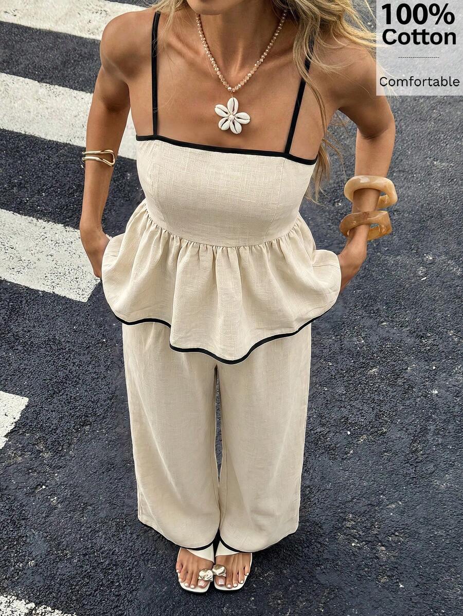 Siren Gaze 奢華優雅純棉套裝 米色荷葉邊上衣 寬腿長褲 夏日度假休閒派對穿搭 - 杏色 - 查看 1