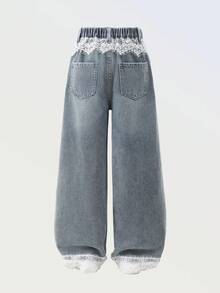 SHEIN 青少年女孩夏季柔軟水洗百搭寬鬆時尚舒適個性化，柔軟細棉蕾絲飾邊裝飾，中藍色水洗牛仔色，牛仔寬腿長褲薄款 春/夏 - 中等水洗藍 - 查看 2