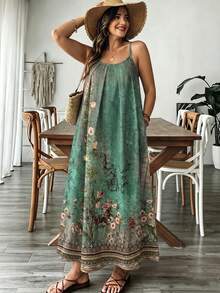 SHEIN VCAY 大尺碼優雅花卉圖案細肩帶露背度假風寬鬆舒適洋裝，沙灘洋裝，細肩帶洋裝，波希米亞風度假穿搭 - 綠色 - 查看 3