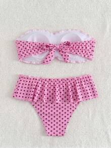 Swim Mod 女款兩件式分開式比基尼套裝，滿版小碎花平口上衣搭配低腰荷葉邊裙褲，休閒度假泳裝 - 彩色 - 查看 4