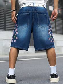 Manfinity EMRG 男士街頭風休閒刺繡藍色牛仔短褲 - 深色水洗藍 - 查看 2
