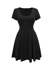 Elenzga Women's Summer Casual Solid Color Waist-Defining Dress - Black - View 3