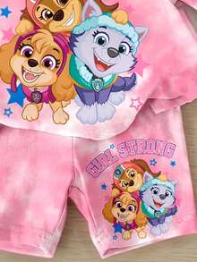 SHEIN | PAW Patrol 女嬰休閒簡約圓領寬鬆短袖T恤 & 緊身底層單車短褲套裝，適合春夏季，經典可愛卡通動畫印花，Skye可愛小狗爪印 - 彩色 - 查看 4