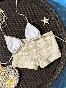 Swim SXY Summer Spring New Multi-Color Goose Yellow Textured Fabric Ocean Starfish Accessory Trim Straight Leg Pants Halter Neck Tie-Up Beach Vacation Women's Two Pieces Swimsuit Set - Apricot - View 4