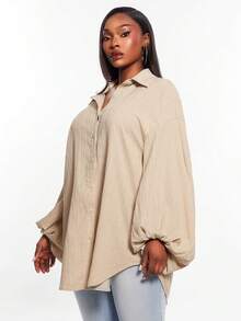 Radiana Curve Plus Size Women's Solid Color Dropped Shoulder Long Sleeve Single Breasted Casual Smart Casual Shirt Holiday Khaki Autumn Fall Gym Vacation Brunch - Khaki - View 2