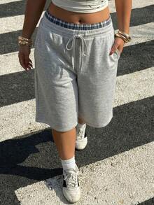 Muchica Plus Size Women's Drawstring Waist Casual Soft Baggy Versatile Daily Wear Capri Length Pants Gray Summer Gym Formal - Light Grey - View 4