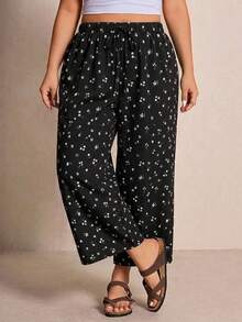 SHEIN Essnce 休閒日常百搭碎花大尺碼女款繫帶寬腿褲 - 彩色 - 查看 2