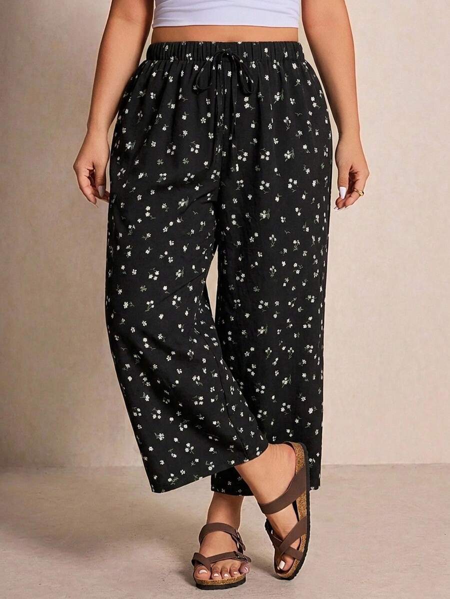 SHEIN Essnce 休閒日常百搭碎花大尺碼女款繫帶寬腿褲