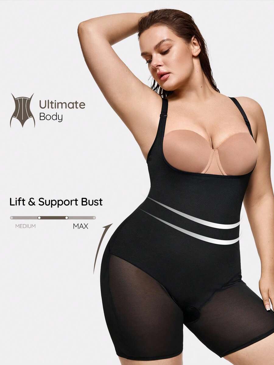 SHAPORA Bodysuit Modelador Feminino Plus Size Minimalista e Versátil com Recortes em Tela e Retalhos - Preto - Visão 1