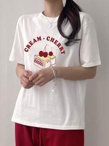 DAZY Women Summer Letter Cherry Printed Round Neck Short Sleeve Casual T-Shirt CREAMCHERRY Honey Cake Cute Tops,Graphic Tees - White - View 6