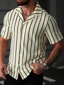 SLATEMANN 男士大尺碼米色夏季休閒條紋襯衫，鈕扣式短袖紋理襯衫，適合度假、假期、儀式 - 彩色 - 查看 6