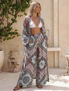 SHEIN طقم من قطعتين، طباعة نباتية، جاكيت كيمونو طويل، بنطال واسع الساق، ملابس منتجع، بطانية شاطئ للعطلات، بوهيمي استوائي بيج صيفي - متعدد الألوان - مشاهدة 6
