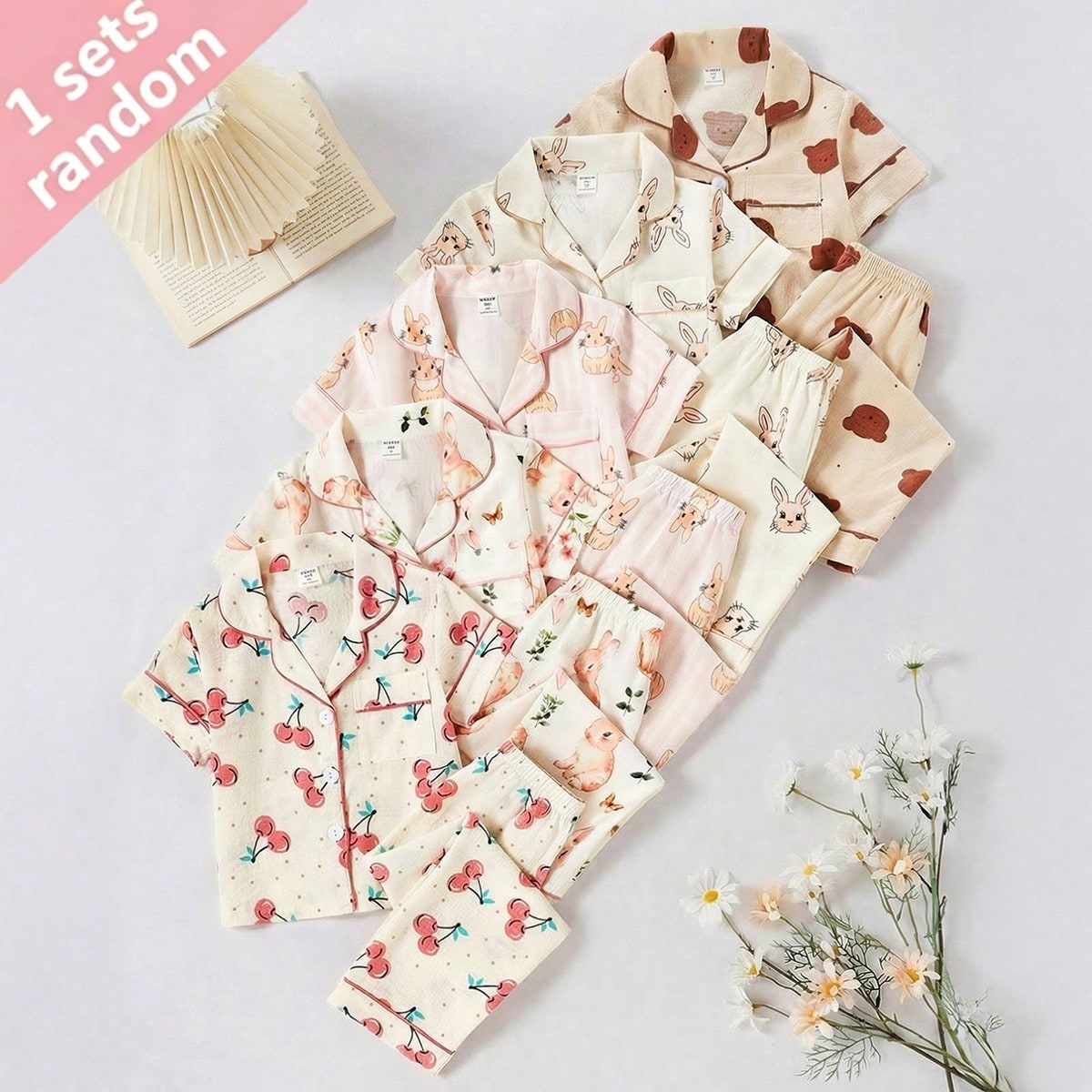 Enviado al azar 1 set) Conjunto de 2 piezas para niña pequeña con estampado de conejo lindo, cárdigan de manga corta y pantalones largos, ropa de e