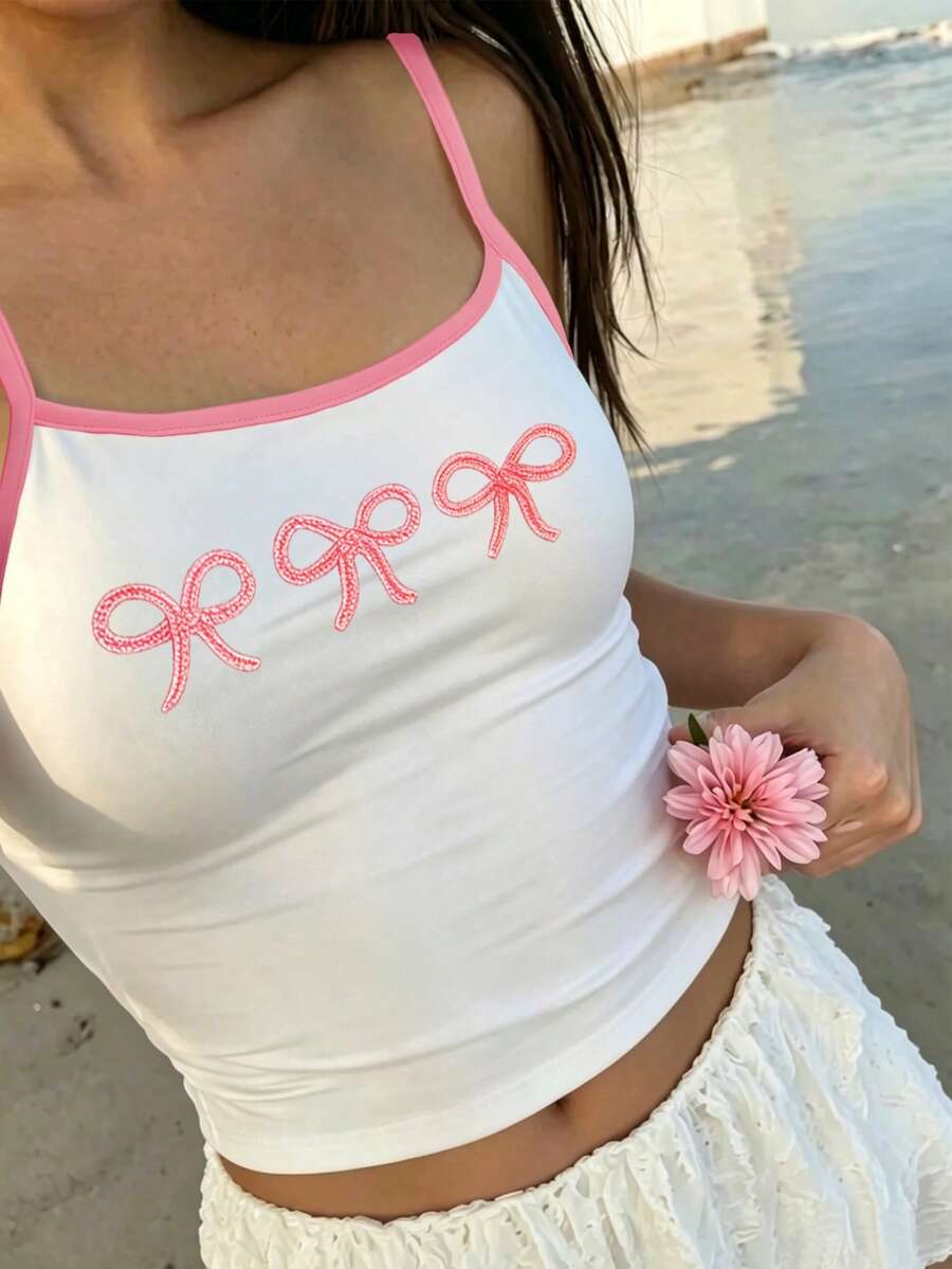 SHEIN Sparklyn 少女白色可爱修身休闲上衣,夏季度假蝴蝶结印花吊带衫 - 白色 - 查看 1