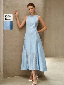 MOTF PREMIUM SPRING/SUMMER LINEN LACE PATCHWORK ELEGANT DRESS - Blue - View 3