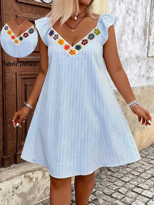 Breezaya Plus Size Textured Wool Blend Ruffle Sleeve Short Sleeve Vacation Dress For Women