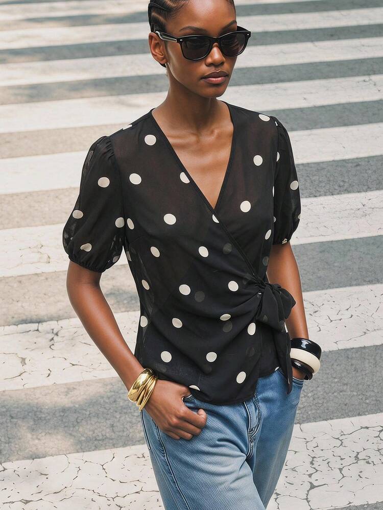 SHEIN Maija Women's Black & White Polka Dot Cross Neck Wrap Tie Blouse, Vintage Old Money Teacher Style, Romantic Fashion Versatile Summer Party Top, Beach Vacation, Outing, Graduation Ceremony, Elegant Casual Shirt, Formal Work Office Blouse
