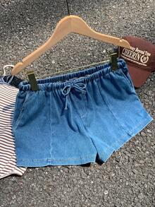 CovetEZ Women's Drawstring Waist Casual Versatile Daily Travel Denim Shorts , Summer Brazil World Cup 2026 Beach Going Out Casual - Medium Wash - View 6