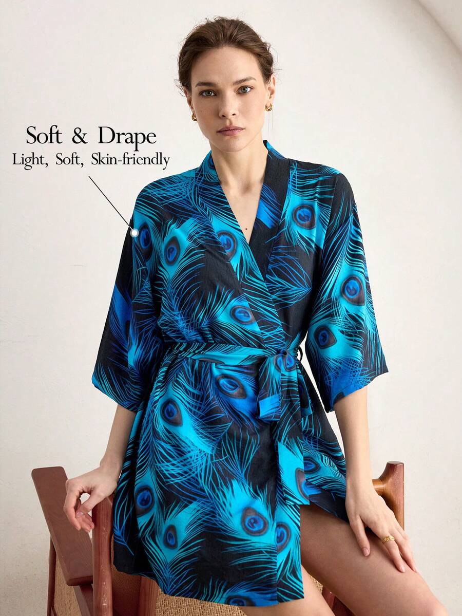 Ocili 优雅中式风格柔软印花蓝色孔雀羽毛图案舒适休闲睡袍,女士睡衣 - 彩色 - 查看 1