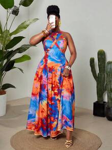 Maweii Plus Size Women Romantic Vacation Strapless Sleeveless Flared Dress - Multicolor - View 4