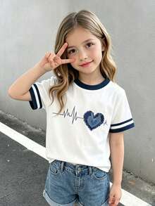 Elladie kids 少女仿牛仔心形印花圓領短袖休閒標準版型T恤 - 白色 - 查看 8