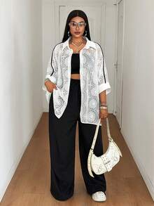 Maweii French Vintage Hollow Out Blouse, Slouchy Plus Size Loose Batwing Sleeve Mid-Length Shirt - White - View 5
