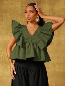Vixey Top de tejido sólido con cuello en V, mangas de pétalo con volantes y bajo peplum - Verde Oliva - Ver 4