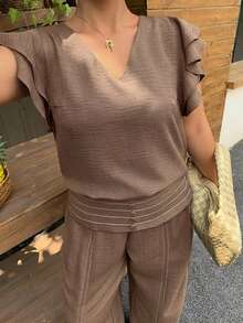 Dazy Plus Summer Holiday Outfit Commuter Office Formal V-Neck Ruffle Flutter Sleeve Casual Elegant Long Pants Plus Size Women Black Chocolate Brown 2 Pieces Set - Brown - View 6