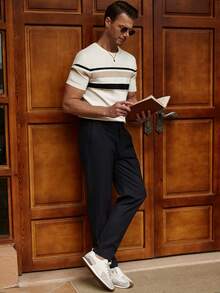 Manfinity Homme Plus Size Men's Black And White Striped Pattern Short Sleeve Crew Neck Knit Top Holiday Summer Casual - Multicolor - View 7
