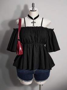 SHEIN ICON 大尺碼夏季休閒素色露肩細肩帶上衣 - 黑色 - 查看 9