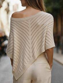 Louniche Elegant Asymmetrical Shoulder Design Summer Style Women's Sweater - Khaki - View 2
