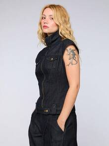 COUREZ 黑色丹寧水洗高領拉鍊牛仔上衣，Y2K秋季女款黑色上衣，適合外出、派對、電音節 - 黑色 - 查看 5