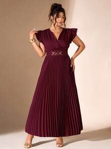 Cravure Robe longue décontractée bordeaux pour femmes grande taille, élégante et décontractée pour l'été, avec manches à volants froncés, décoration de boutons métalliques, taille froncée au dos, taille affinée et ourlet plissé - Rouge foncé - Voir 5