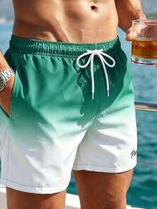 Manfinity Swimmode Men's Drawstring Waist Pocket Gradient Color Casual Vacation Beach Shorts, Holiday - Dark Green - View 4