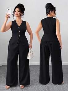 SHEIN Tall CURVE Conjunto Plus Size Feminino 2 Peças Elegante Cor Sólida Decote em V Colete Blazer Sem Mangas e Calça Longa Reta, Adequado para Uso Profissional e Deslocamento - Preto - Visão 1