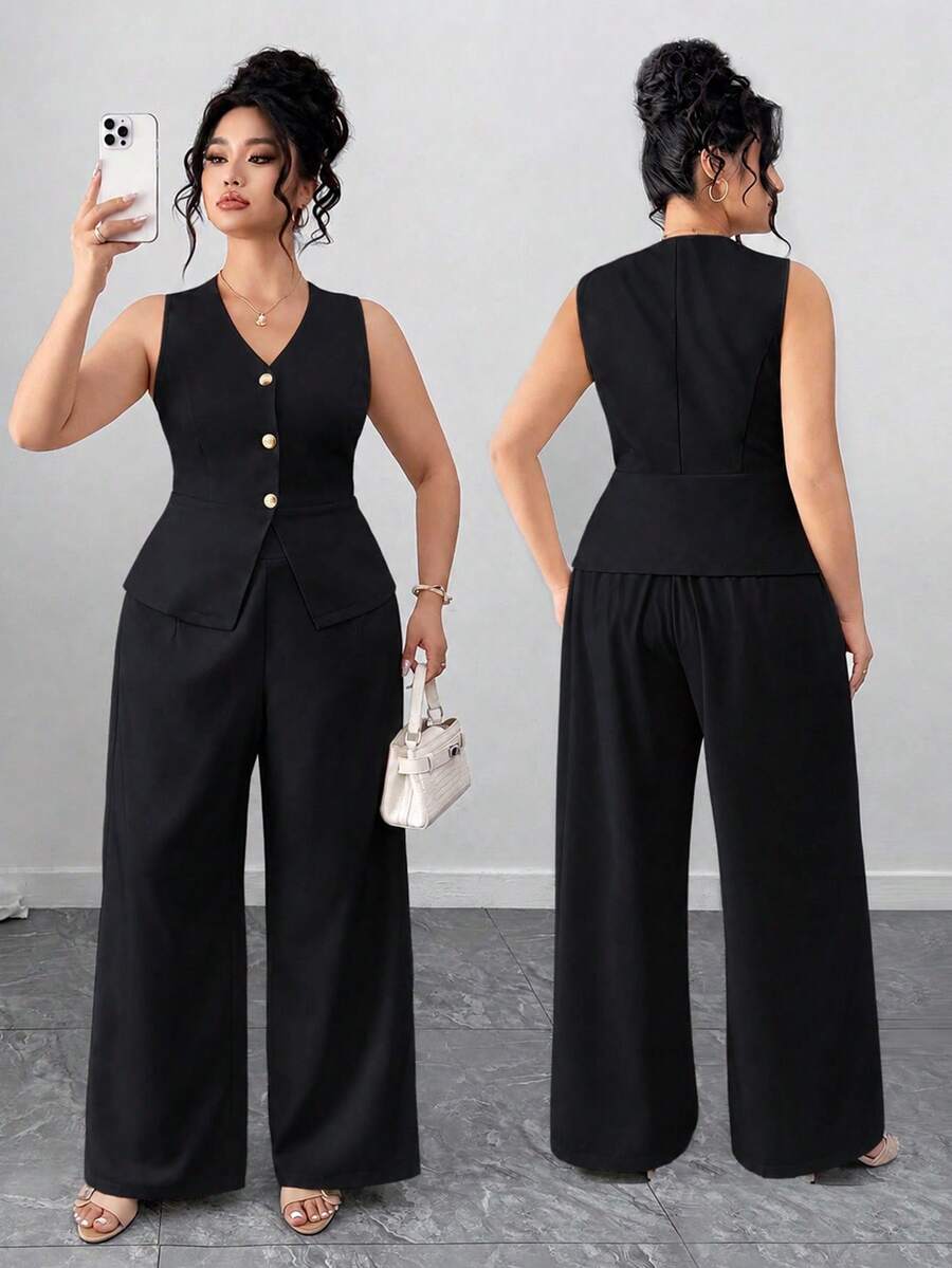 SHEIN Tall CURVE Conjunto Plus Size Feminino 2 Peças Elegante Cor Sólida Decote em V Colete Blazer Sem Mangas e Calça Longa Reta, Adequado para Uso Profissional e Deslocamento - Preto - Visão 1