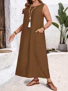 EMERY ROSE Vestido minimalista de talla grande sin mangas con bolsillos y botones de unicolor - Marrón Mocha - Ver 5